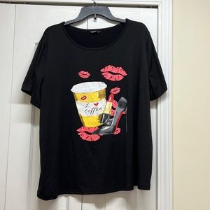 SHEIN Black Tee with Red Lips and Coffee Print